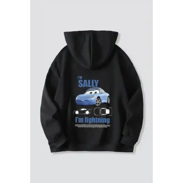 Sevgililer Günü Özel Kapüşonlu Araba Baskılı Oversize Sweatshirt - Siyah