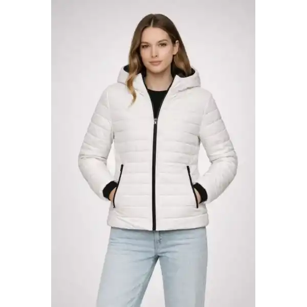 Şişme Kapüşonlu Fermuarlı Mont Su Itici Kapitone Astarlı Kumaş Cepli Kışlık Rahat Kalıp - Krem