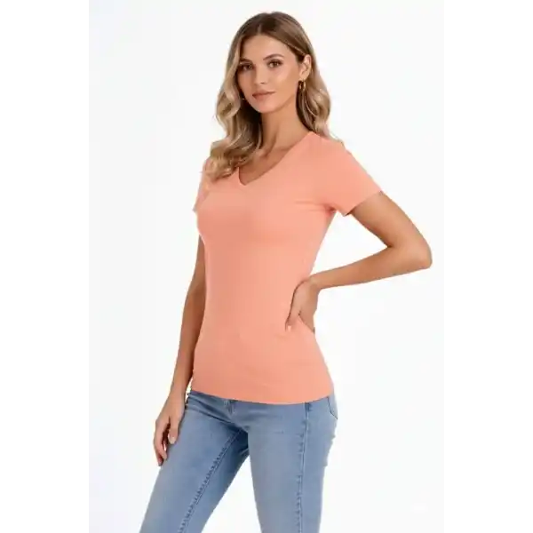 T-Shirt V Yaka Slim Fit Likralı Tişört Günlük Basic Body - Toz Pembe