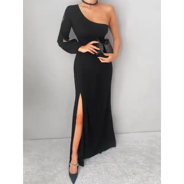 Tek Omuz Açık Derin Yırtmaçlı Krep Tam Boy Elbise