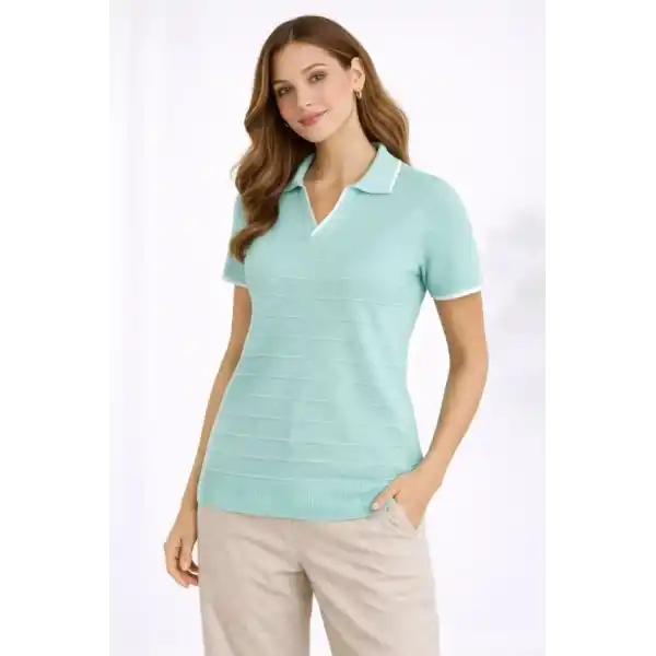 Triko Kumaş Yakalı Düğmesiz Açık Yaka Fitilli Kısa Kollu Regular Fit Tişört T-shirt - Mint Yeşili