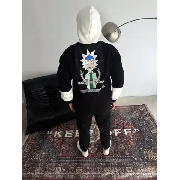 Üç İplik Kapşonlu Parçalı Baskılı SweatShirt - Siyah