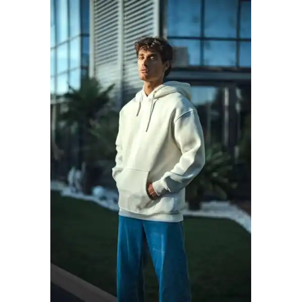 Üç İplik Penye Kapşonlu Basic SweatShirt - Beyaz