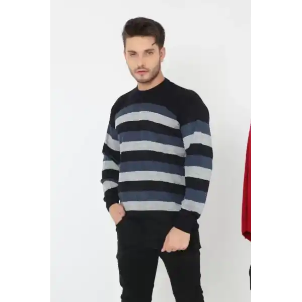 Unisex Kalın Çizgili Bisiklet Yaka Triko Kazak - Indigo