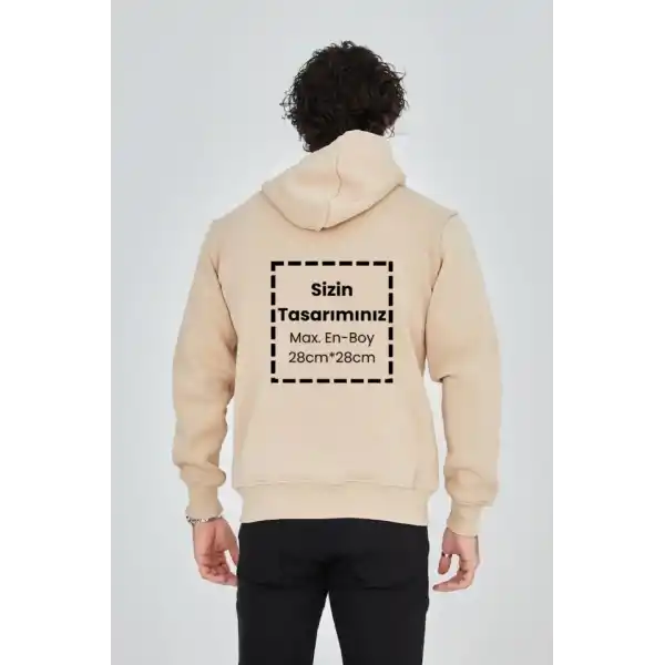 Unisex Tam Fermuarlı Kapşonlu Özel Tasarım SweatShirt - Bej