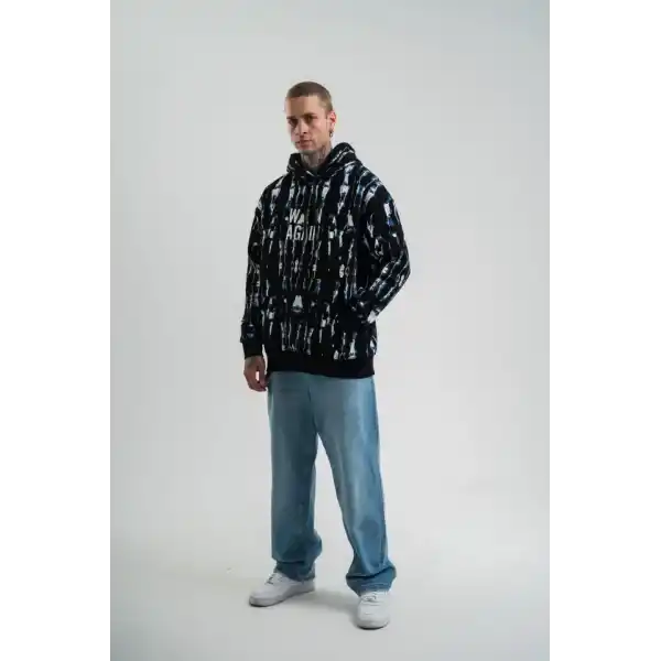 Unisex Uzun Kol Kapşonlu Pano Baskılı SweatShirt - Siyah