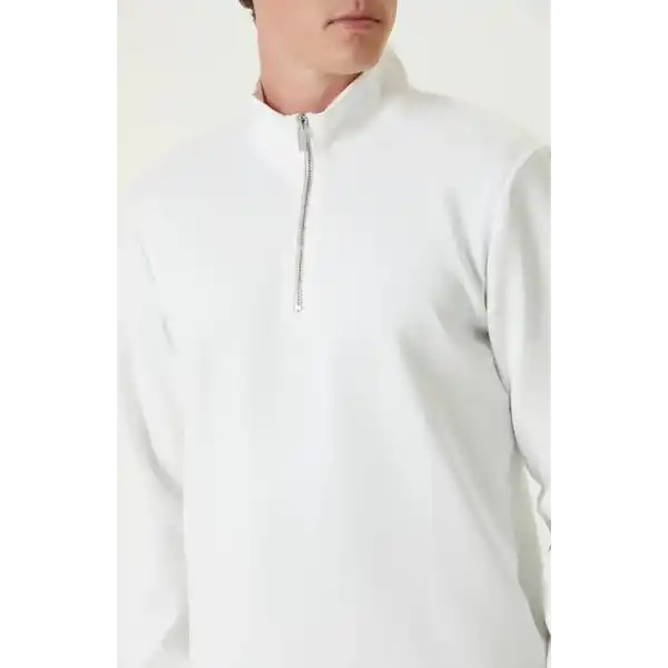 Unisex Uzun Kol Yarım Farmuarlı Yakalı Basic SweatShirt - Beyaz