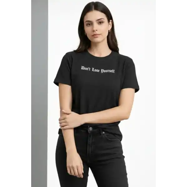Wafıl Kumaş Tişört Regular Kalıp Bisiklet Yaka Baskılı Günlük Basic T-Shirt - Siyah