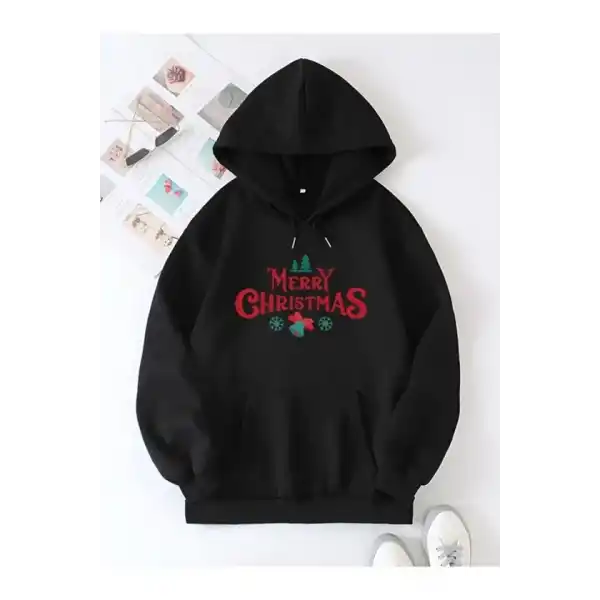 Yılbaşı Merry Christmas Baskılı Oversize Kapüşonlu Sweatshirt Hoodie - Siyah
