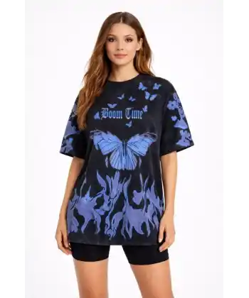 Asit Yıkamalı Oversize Tişört Mavi Kelebek Baskılı Dijital Print Bisiklet Yaka Streetwear T-Shirt - Siyah