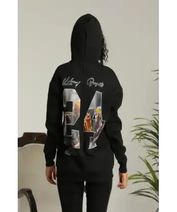 Baskılı Oversize Üç İplik Kapüşonlu Sweatshirt - Siyah