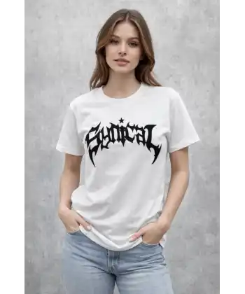 Bisiklet Yaka Ön Baskılı Kısa Kollu Tişört Streetwear Günlük Basic Pamuklu T-shirt - Beyaz