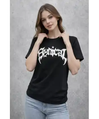 Bisiklet Yaka Ön Baskılı  Kısa Kollu Tişört Streetwear Günlük Basic Pamuklu T-shirt - Siyah