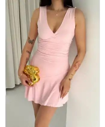 Derin V Yaka Sırt Dekolteli Mini Elbise Drapeli Şık Kolsuz - Pembe