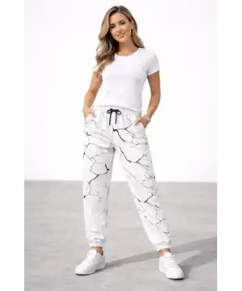 Dijital Baskılı Eşofman Altı Kışlık Üç İplik Şardonlu Kumaş Lastikli Paça, Cepli, Rahat Kalıp - Beyaz