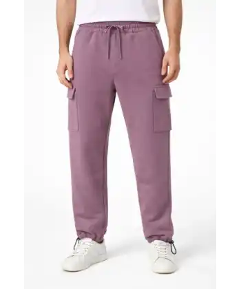 Erkek Baggy Üç İplik Kargo Cepli Eşofman Ayarlanabilir Paça Beli İpli Pantolon - Gül Kurusu