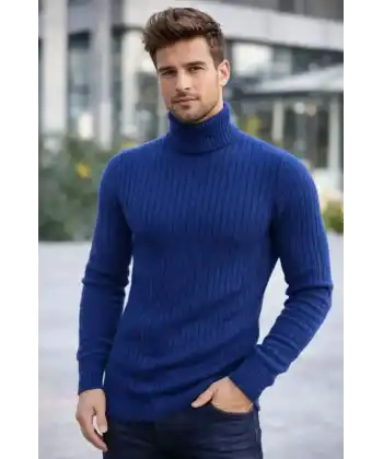 Erkek Balıkcı Yaka Bağazlı Triko Kazak Pamuklu Kalın Fitilli Dokuma, Regular Fit Uzun Kollu Kışlık Model - İndigo