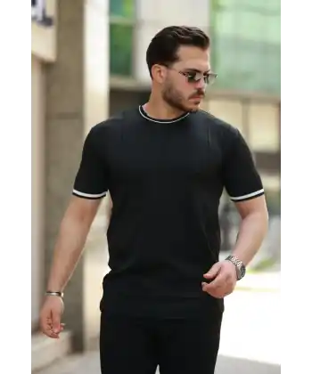 Erkek Bisiklet Yaka çizgi Desenli Ribanalı Kısa Kollu Tshirt