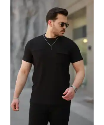 Erkek Cepli Kolyeli Kısa Kollu örme Kumaş T-shirt