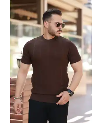 Erkek Desenli çizgi Kabartmalı Kısa Kollu Tişört