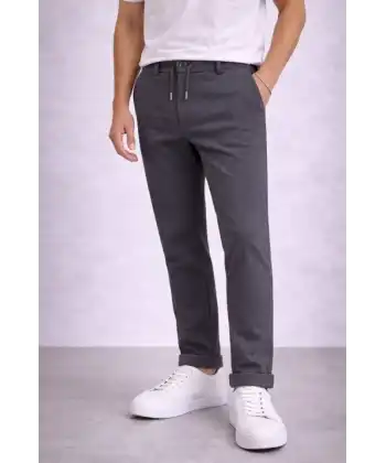 Erkek Diagonel Mikro Dokulu Duble Paça Cepli Pantolon Bağcıklı Bel, Modern Kesim - Füme