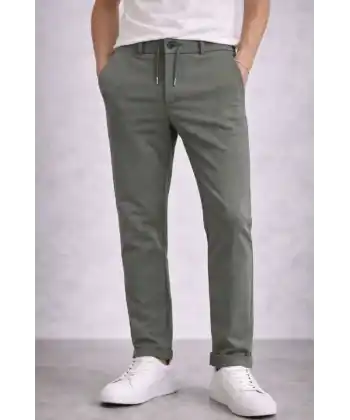 Erkek Diagonel Mikro Dokulu Duble Paça Cepli Pantolon Bağcıklı Bel, Modern Kesim - Haki