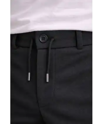 Erkek Diagonel Mikro Dokulu Duble Paça Cepli Pantolon Bağcıklı Bel, Modern Kesim - Siyah