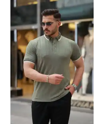 Erkek Düğme Yakalı Jakar Kumaş Kısa Kollu Tişört