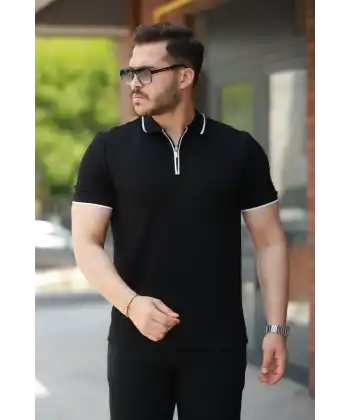 Erkek Fermuar Yakalı çizgi Detaylıkısa Kollu Tişört