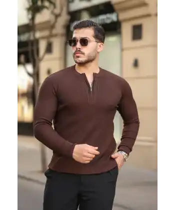 Erkek Fermuarlı Bisiklet Yaka Dokulu Uzun Kollu Triko