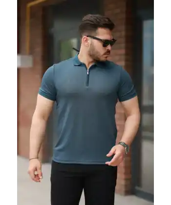 Erkek Fermuarlı Yaka Kısa Kollu Tişört