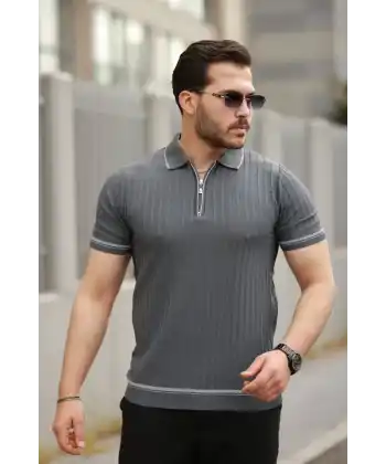 Erkek Fermuarlı Yakalı Kısa Kollu T-shirt