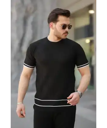 Erkek Jakarlı Ribanalı Kısa Kollu T-shirt