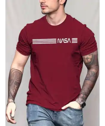 Erkek Kısa Kollu Nasa Baskı Basic Erkek T-shirt