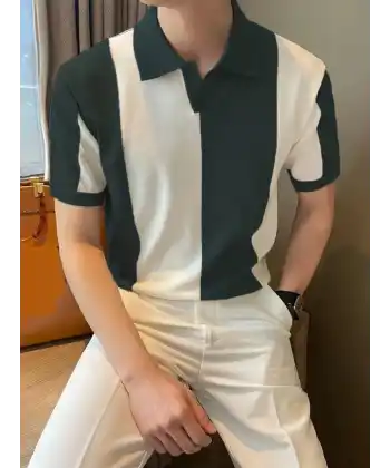 Erkek Kısa Kollu Polo Yakalı Blok Desenli Triko Tişört