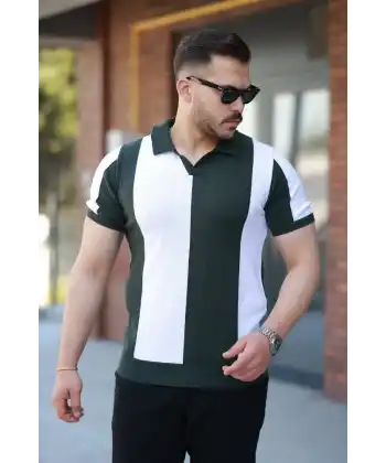 Erkek Kısa Kollu Polo Yakalı Blok Desenli Triko Tişört