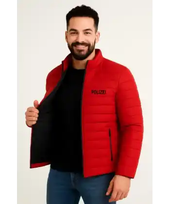 Erkek Mikro Su İtici Kapitone Baskılı Astarlı Fermuarlı Bomber Mont - Kırmızı