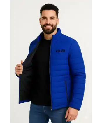 Erkek Mikro Su İtici Kapitone Baskılı Astarlı Fermuarlı Bomber Mont - Saks Mavisi