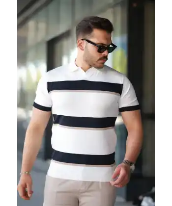 Erkek şerit Desenli Hemşire Yaka Kısa Kollu Tişört