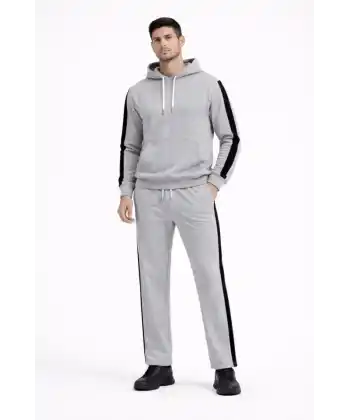 Erkek Şeritli Eşofman Takım Kapüşonlu Sweatshirt Boru Paça Alt, Oversize 3 Iplik Pamuklu - Gri