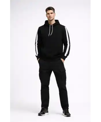 Erkek Şeritli Kapüşonlu Sweatshirt Oversize 3 Iplik Pamuklu - Siyah