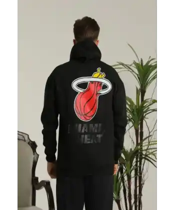 Erkek Sırt Baskılı Oversize Üç İplik Kapüşonlu Sweatshirt - Siyah