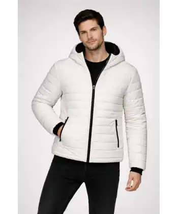 Erkek Şişme Kapüşonlu Fermuarlı Mont Su Itici Kapitone Astarlı Kumaş Cepli Kışlık Rahat Kalıp - Krem