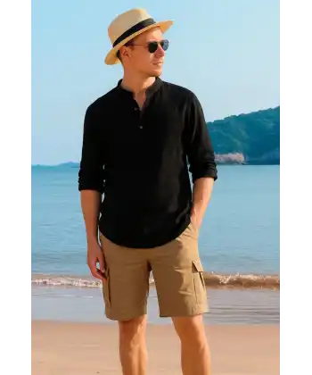 Erkek Uzun Kollu Hakim Yaka Düğmeli Erkek Müslim Gömlek