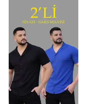 Erkek Waffle Dokuma Açık Yakalı Düğmeli Regular Kalıp 2’li Gömlek Seti - Siyah - Saks Mavisi