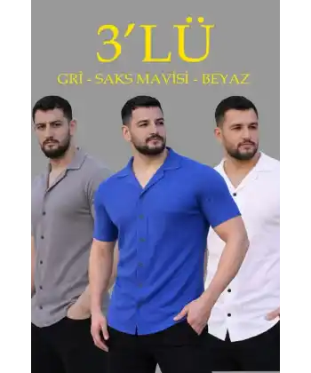 Erkek Waffle Dokuma Açık Yakalı Düğmeli Regular Kalıp 3’lü Gömlek Seti - Gri, Saks Mavisi, Beyaz