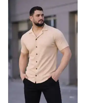 Erkek Waffle Kumaş Kısa Kollu Düğmeli Açık Yaka Regular Fit Gömlek - Bej
