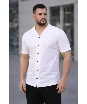 Erkek Waffle Kumaş Kısa Kollu Düğmeli Açık Yaka Regular Fit Gömlek - Beyaz