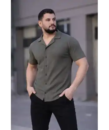 Erkek Waffle Kumaş Kısa Kollu Düğmeli Açık Yaka Regular Fit Gömlek - Haki