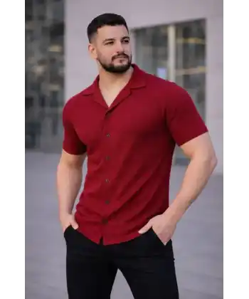 Erkek Waffle Kumaş Kısa Kollu Düğmeli Açık Yaka Regular Fit Gömlek - Kırmızı